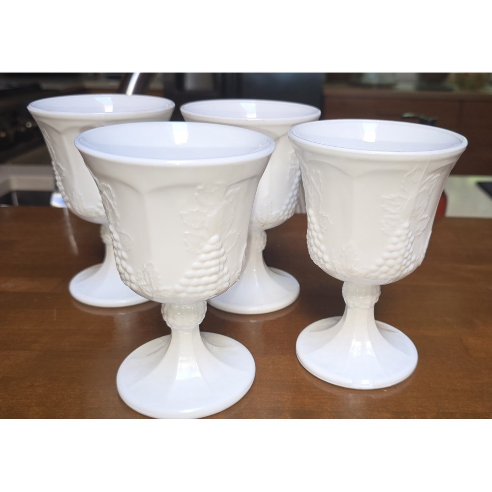 Set of 4 Vintage Indiana Glass Company, Harvest Grape Milk Glass Goblets